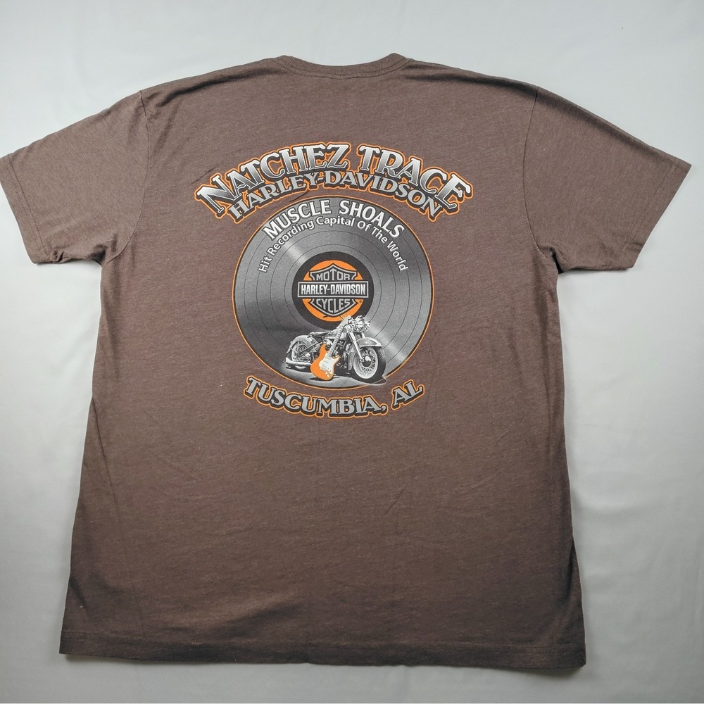 Harley Davidson T Shirt Mens L Brown Muscle Shoals Tuscumbia AL Dealer Biker